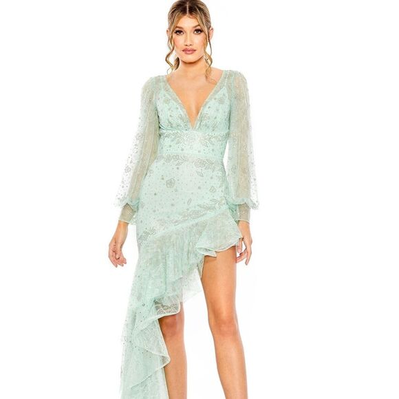 Mac Duggal 50744  V Neck Empire Sleeve High Low Dress Asymmetrical Ruffles - Picture 3 of 5